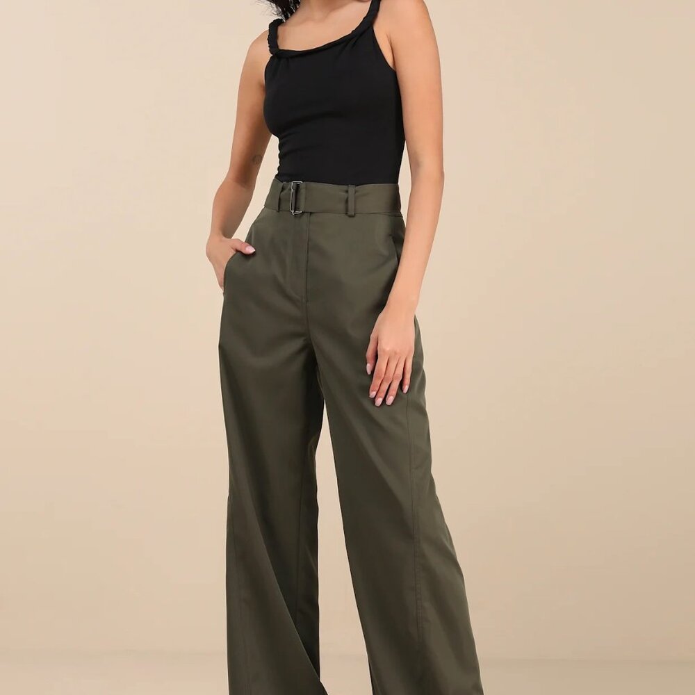 Lulus Baron Olive Green Belted High-Rise Wide-Leg Pants- Size Small- NWT